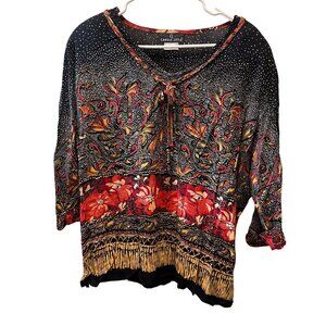 Vintage Carole Little Black Red Floral Paisley‎  top Blouse Womens L colorful